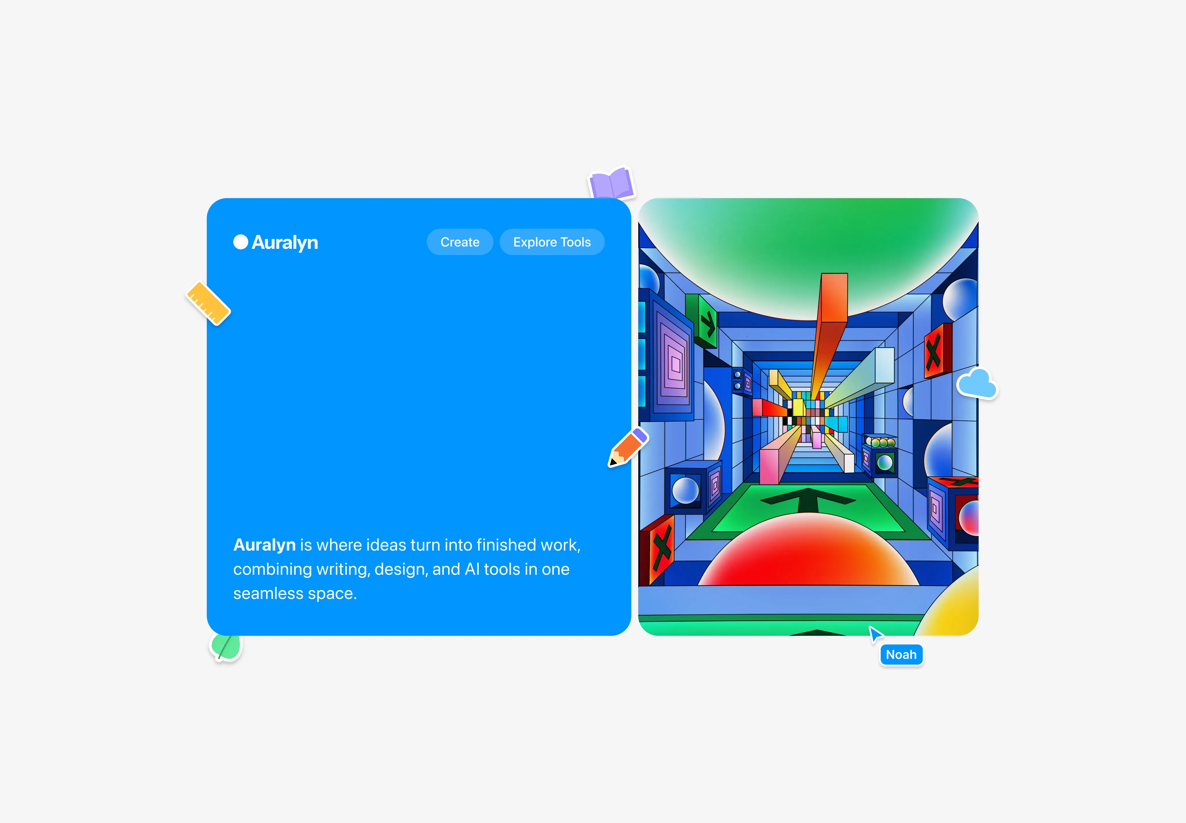 Split screen with a blue text block describing Auralyn AI design and writing tools on the left and a colorful abstract 3D tunnel on the right.