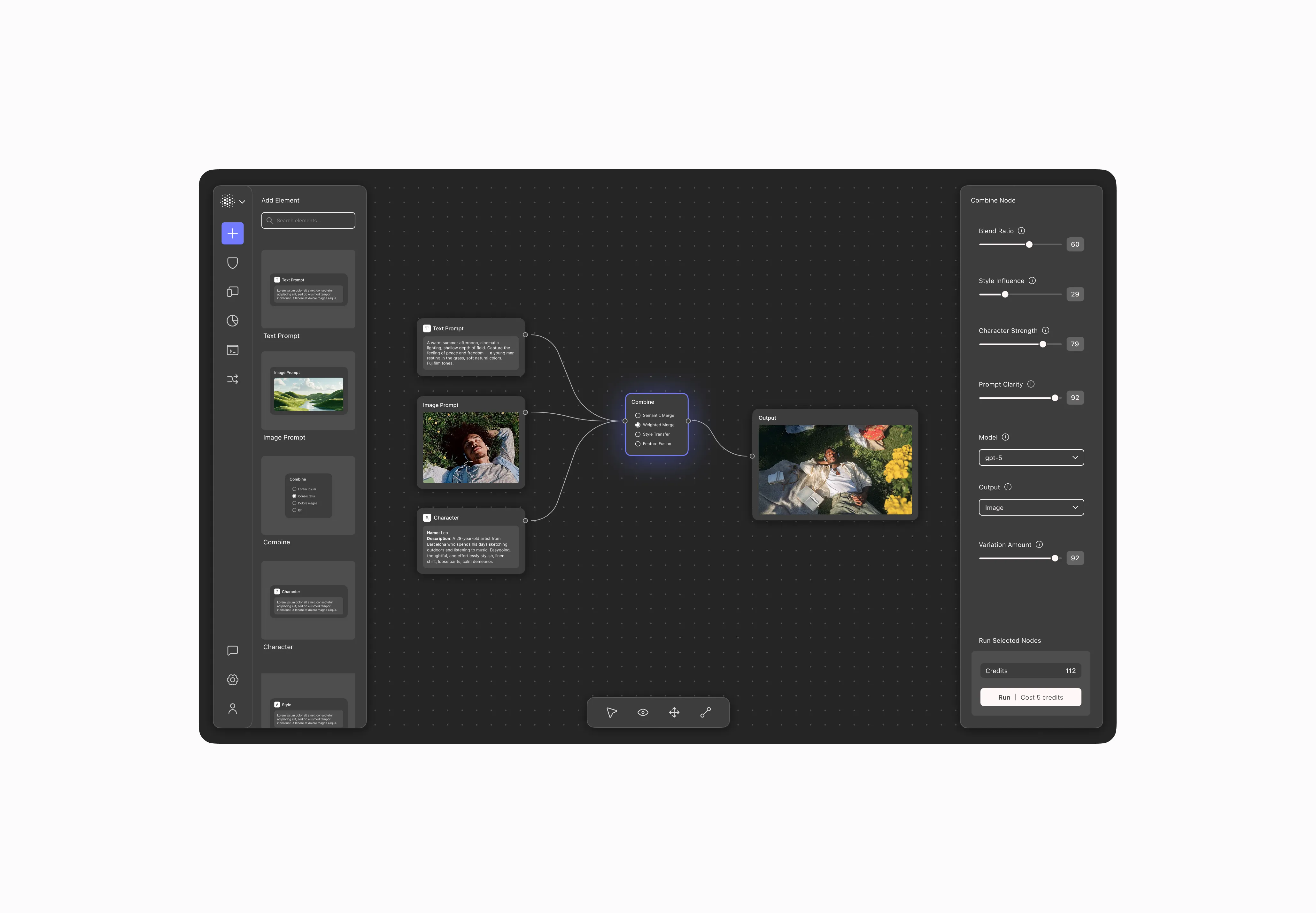 Dark mode version of the node-based workflow interface.