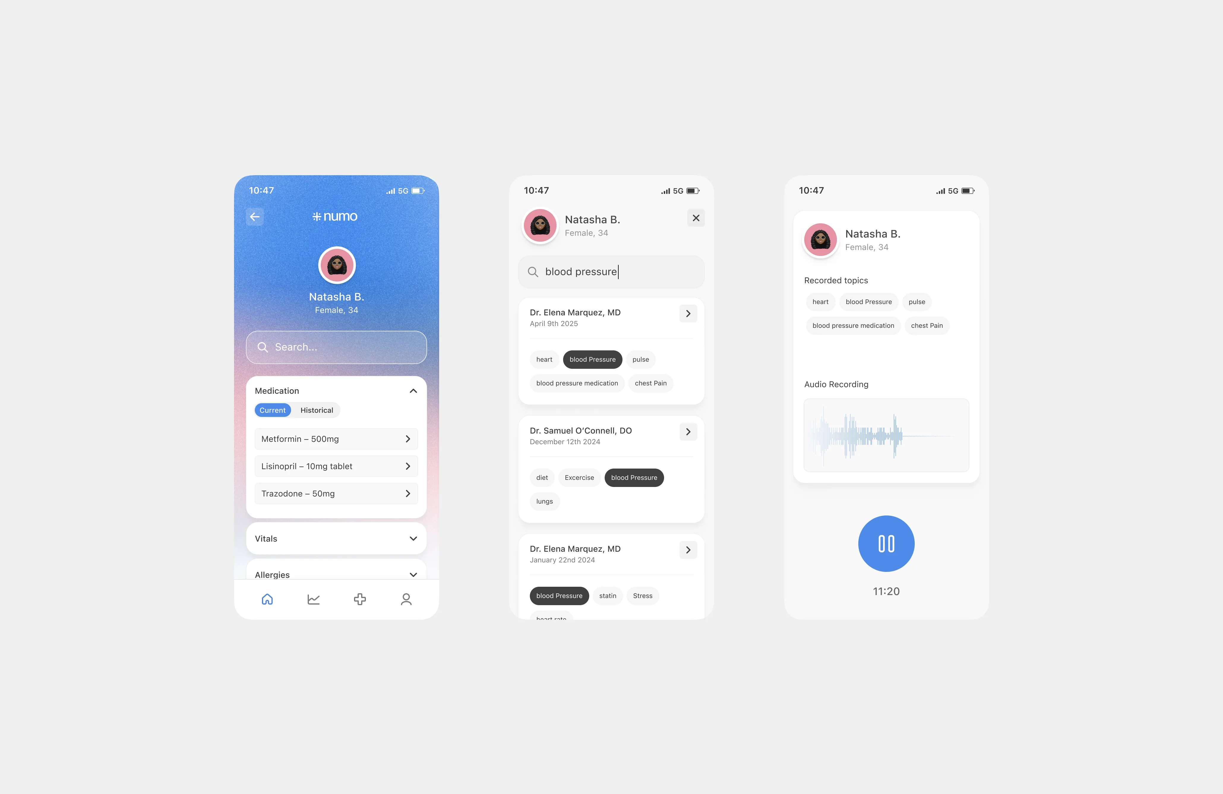 Three smartphone screens showing a health app profile with medication list, searchable doctor notes, and an audio recording interface.
