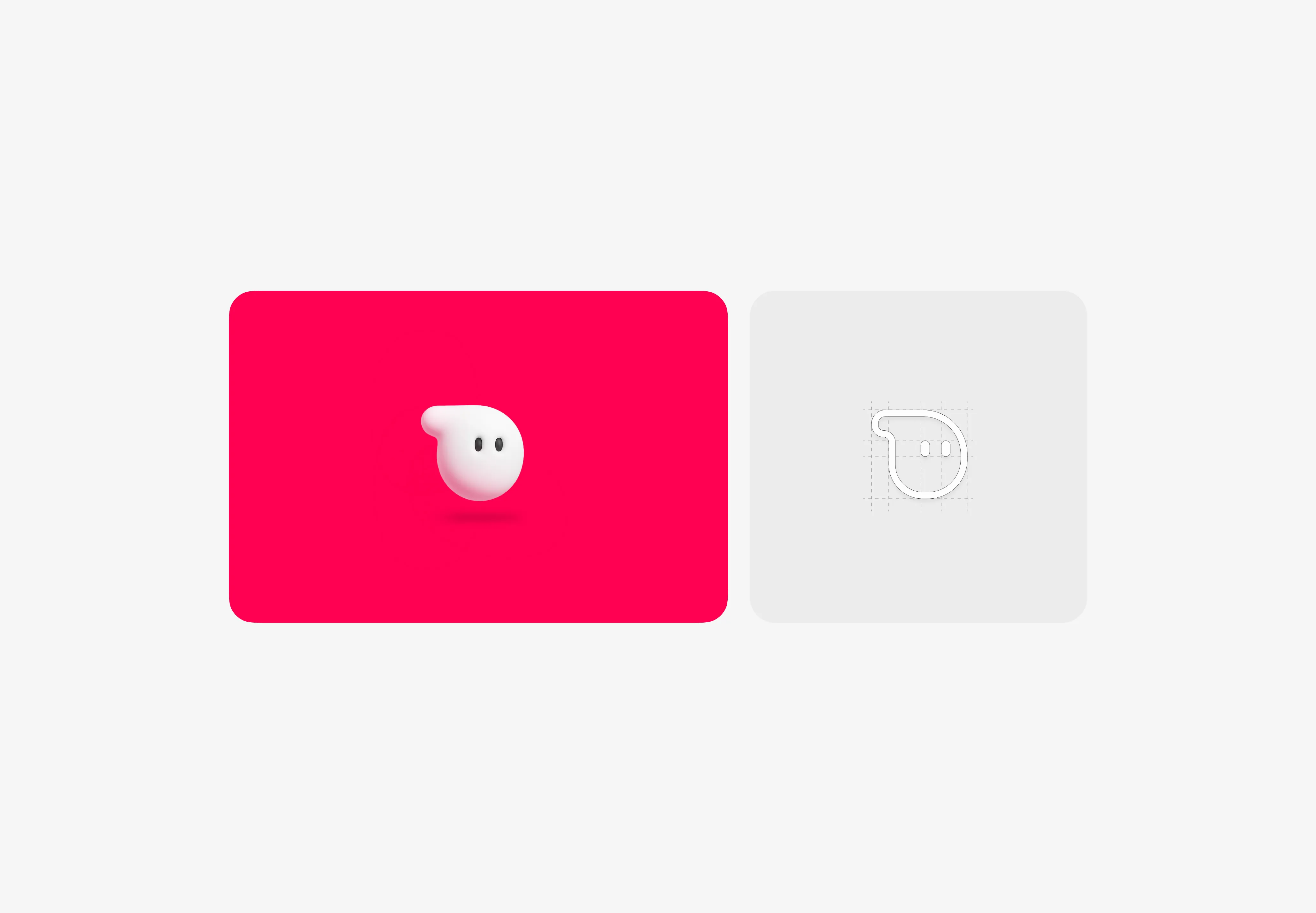 Side-by-side images showing a white ghost-like character on a bright red background and a minimalist outline drawing on a light gray background.