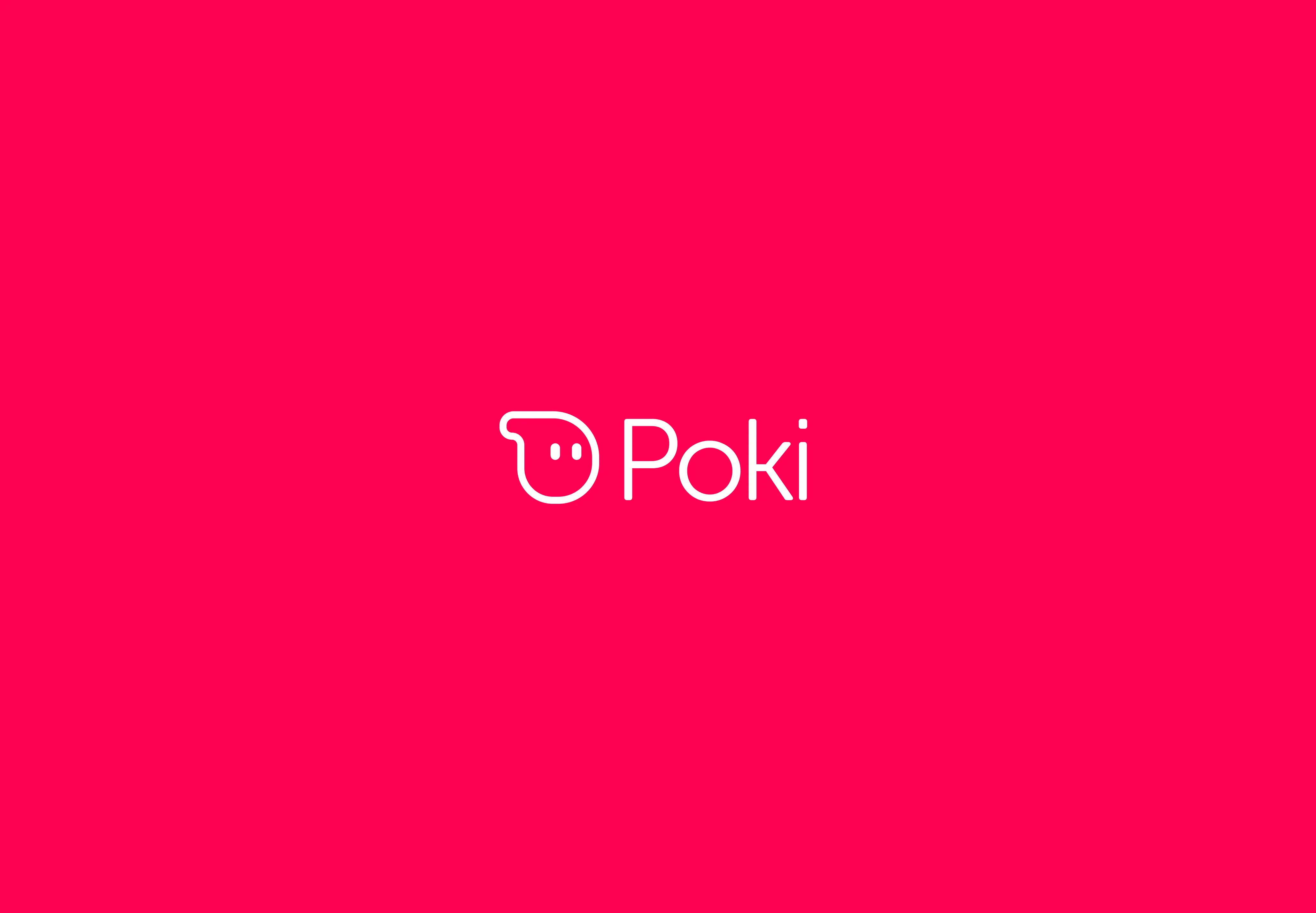 Poki logo featuring a stylized white smiling face outline next to the word Poki on a bright pink background.