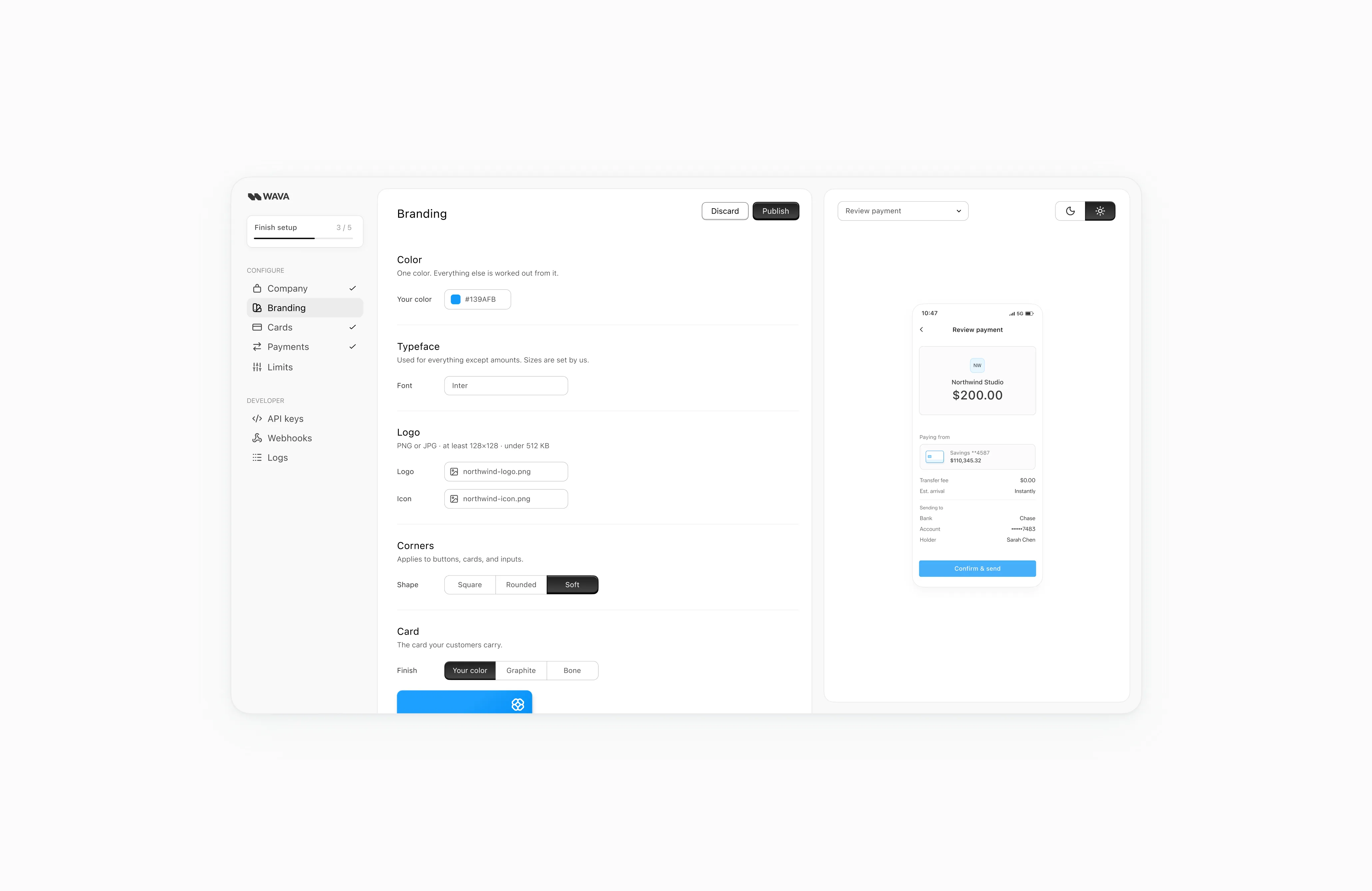Branding configuration screen for a fintech platform with controls for brand colour, typeface, logo, corner shape, and card finish, beside a live mobile preview of a payment review screen.