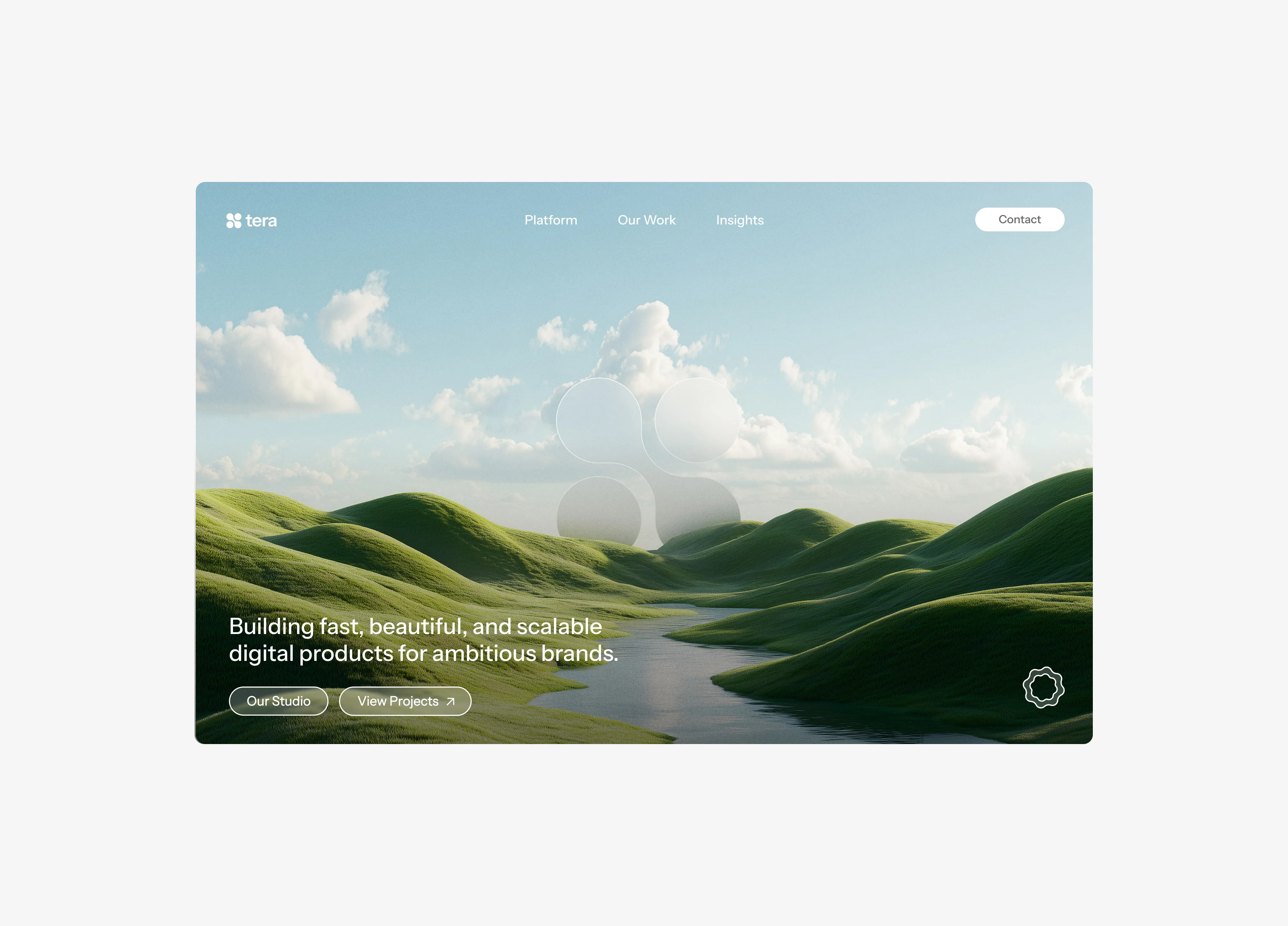 Website homepage with green rolling hills, a river, blue sky with clouds, and text about building scalable digital products.