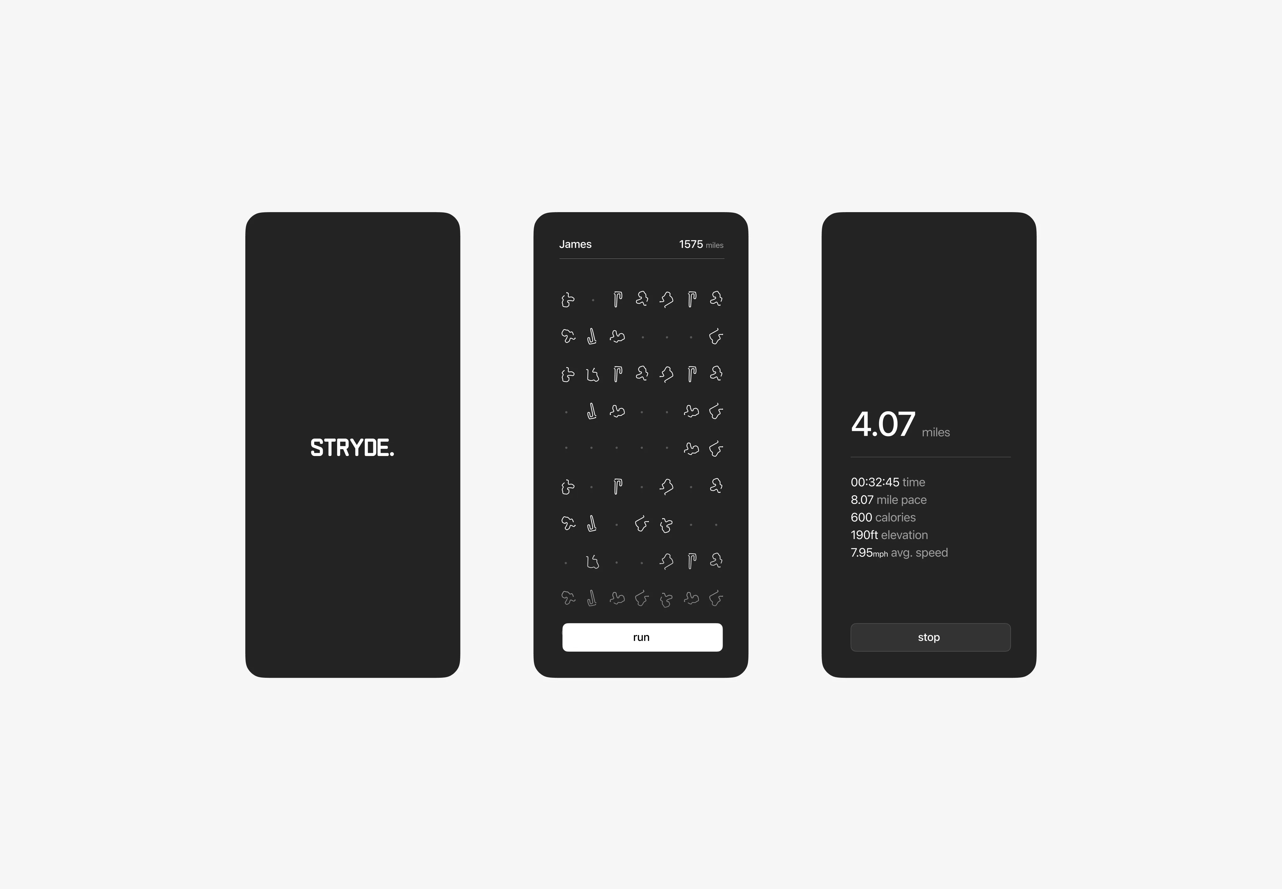 Dark-themed running app named STRYDE showing start screen, route selection, and running stats.