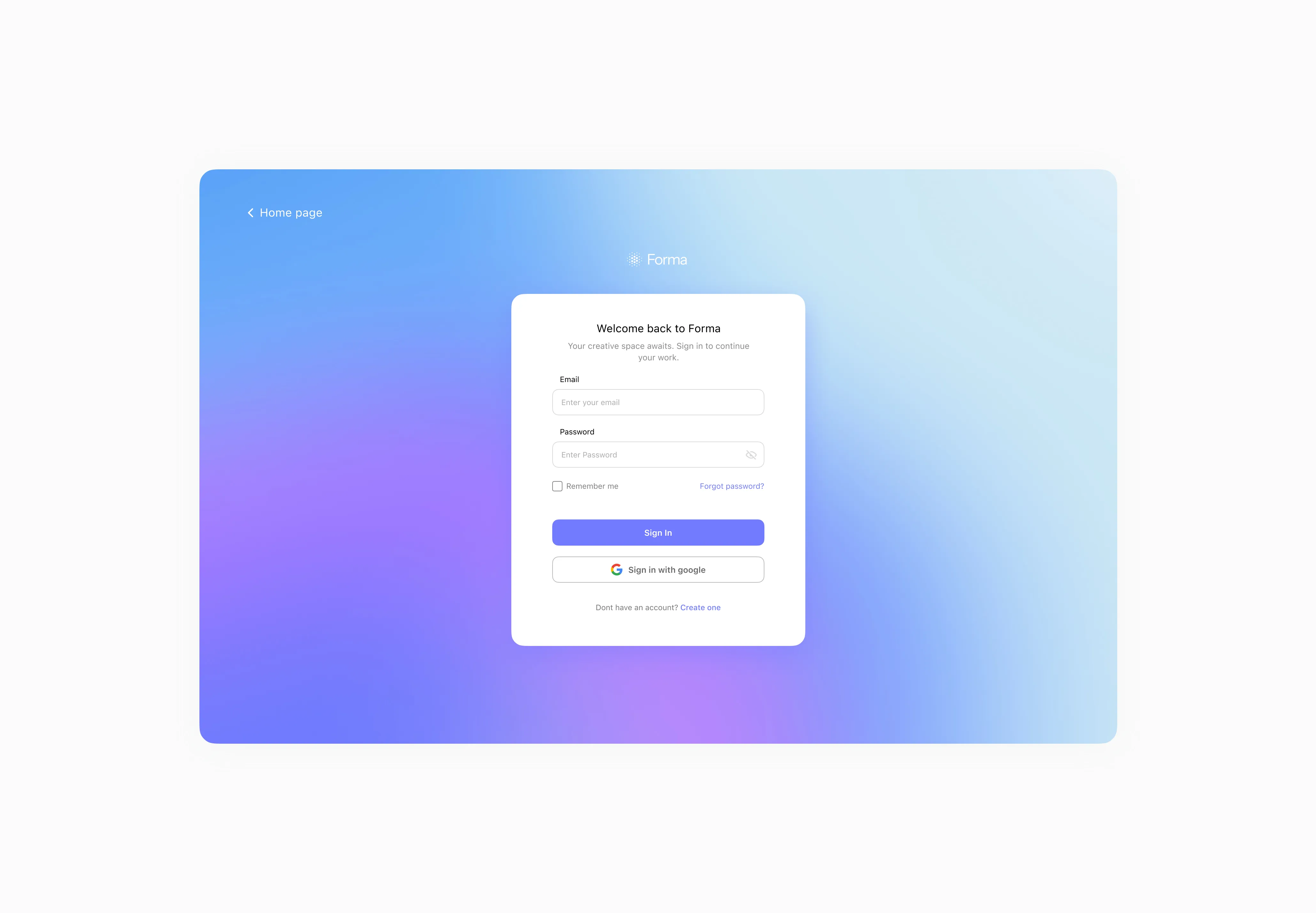 Login screen for Forma with email and password fields, sign-in buttons, and a gradient blue-purple background.