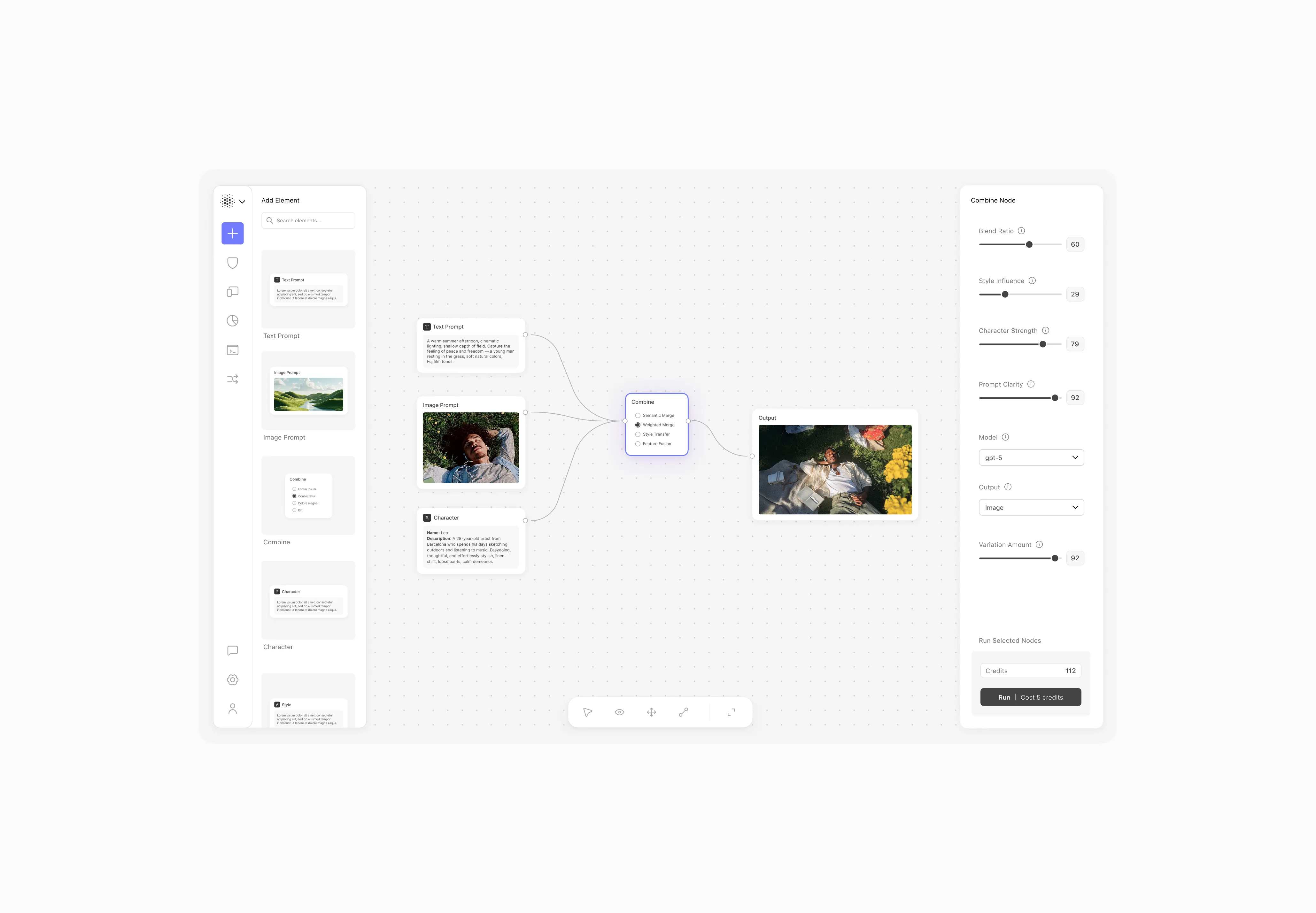 User interface of a visual AI tool combining text, image, and character prompts to generate a blended output image.