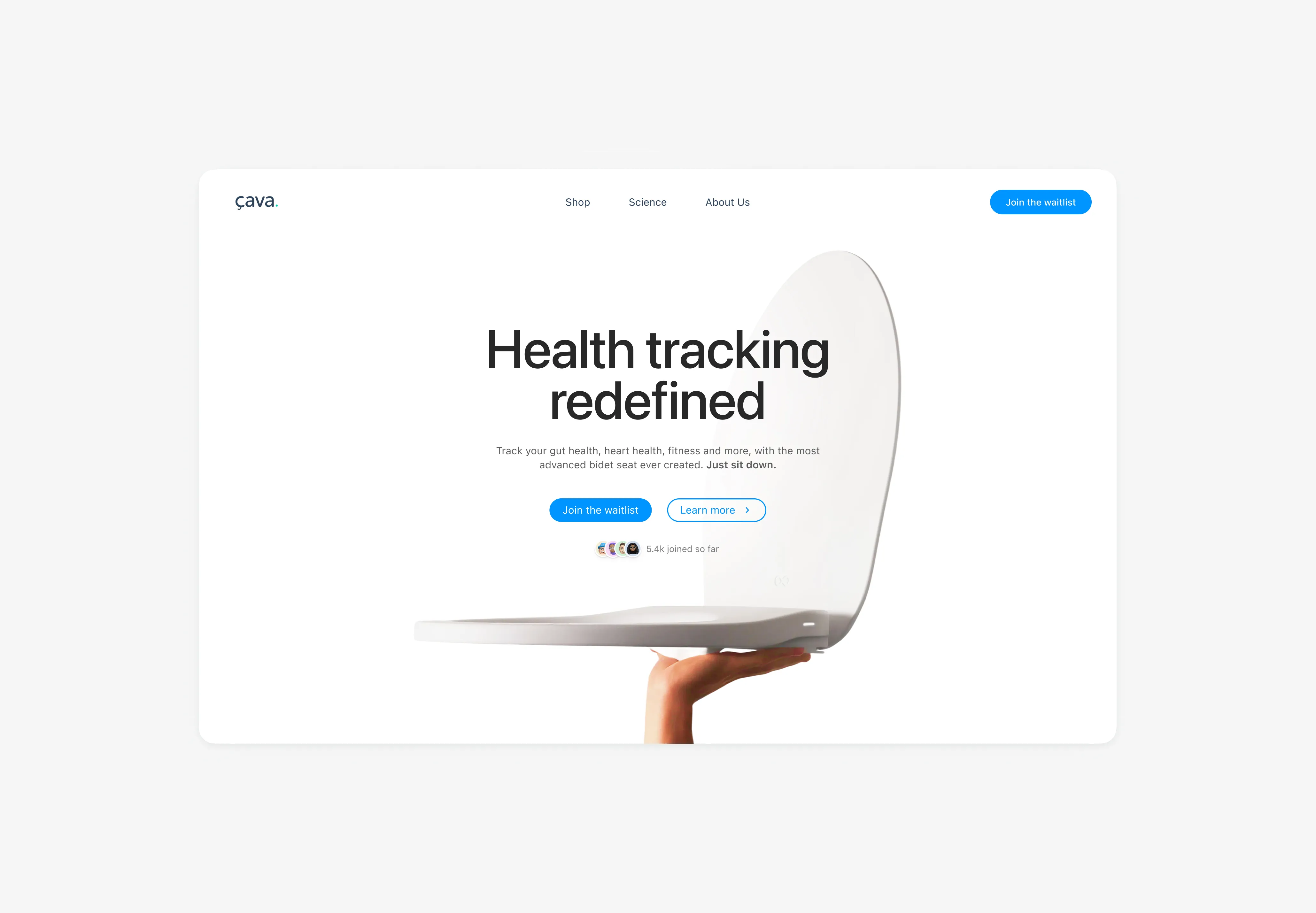Hand holding a sleek white advanced bidet toilet seat with text 'Health tracking redefined'.