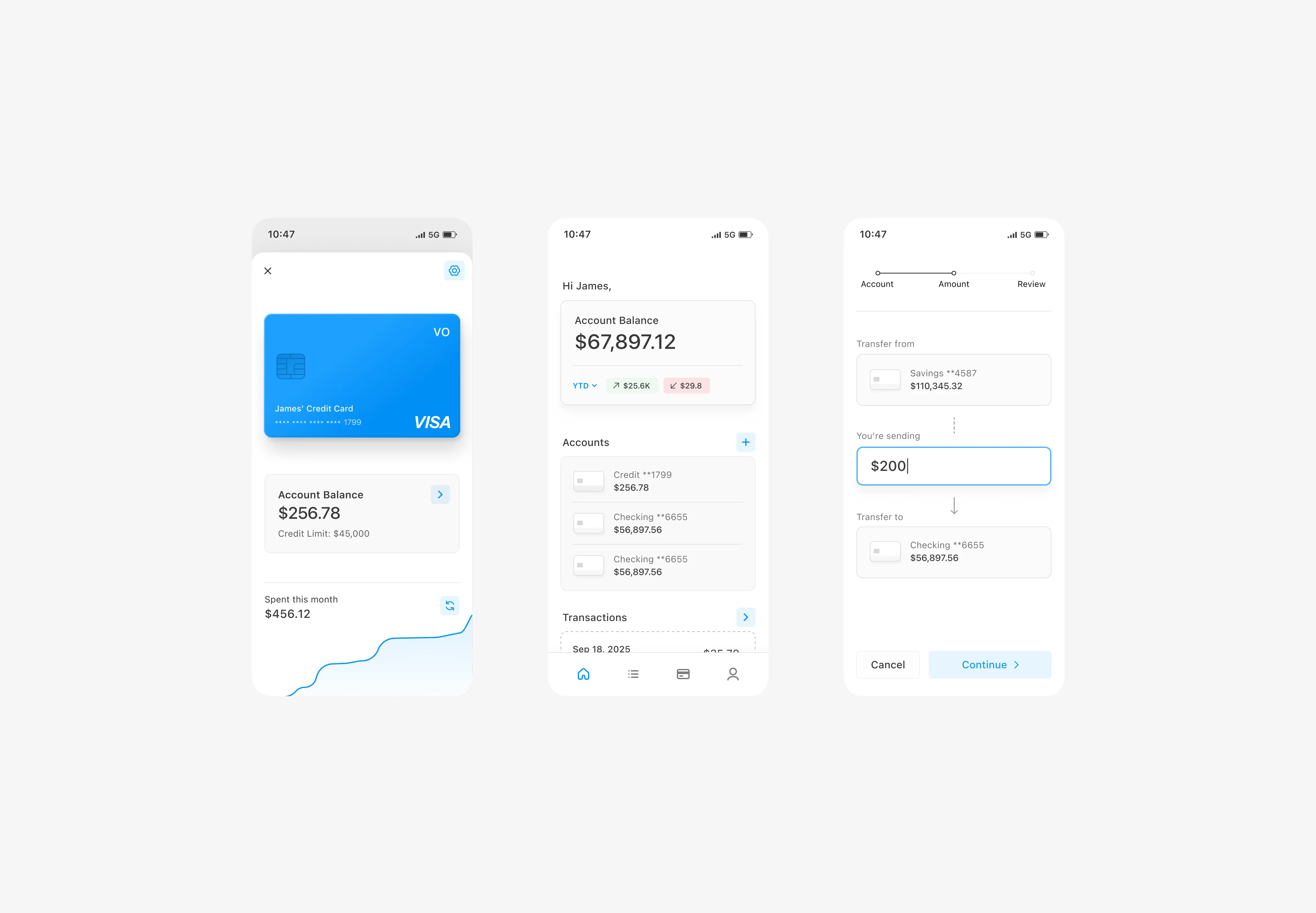 Three smartphone screens showing a banking app with credit card details, account balances, transactions list, and a money transfer interface.
